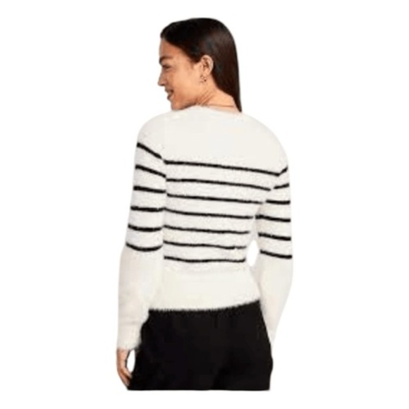 Old Navy Breton Stripe Eyelash Party Sweater White Black Fuzzy Knit Crewneck XXL - Picture 4 of 9